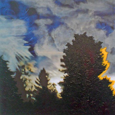 Painting in three lines - 2011<br /><br /><h6>Dark night</h6>  Artistâ€™s photographic print and acrylic paint <br /> 600mm x 600mm <br /><br /><br /><br />Cloudy autumn night<br/>
A bonfire blaze roars, risky<br/>
not so comforting
<br /><br /><br /><h7>For sale</h7>