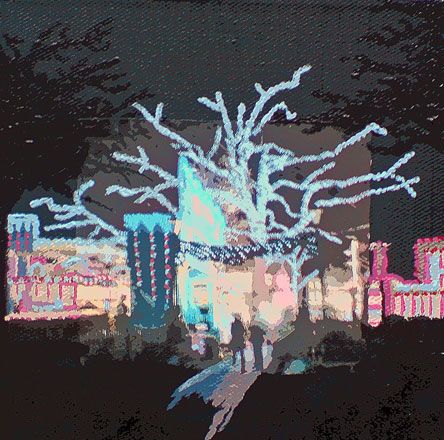 Painting in three lines - 2011<br /><br /><h6>Christmas fair</h6>  Artistâ€™s photographic print and acrylic paint <br /> 150mm x 150mm <br /><br /><br /><br />Strident fairground noise<br/>
candy floss and dazzling lights<br/>
split the Christmas night
<br /><br /><br /><h7>Sold</h7>